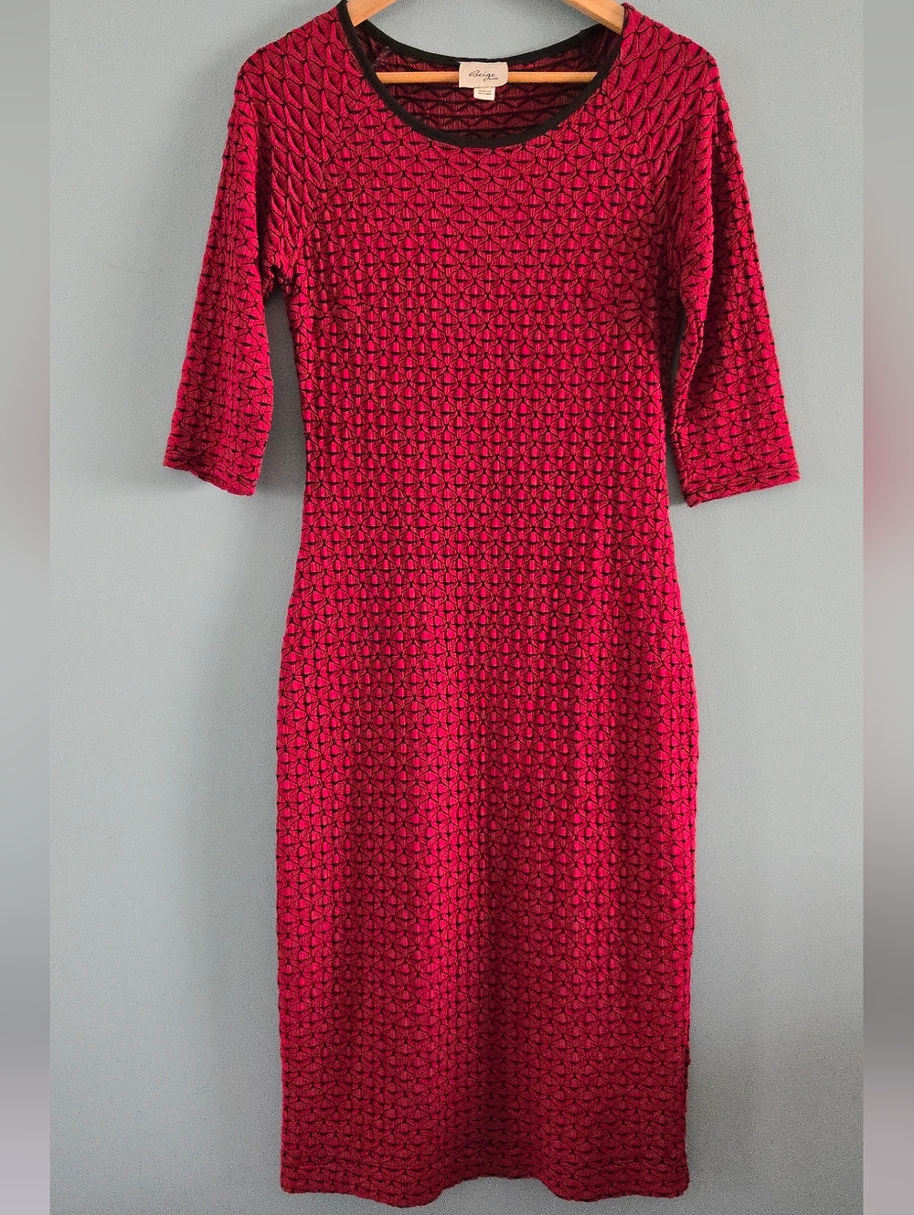 Red and Black Textured Sheath Dress With 3/4 Sleeves By 'Beige by eci'